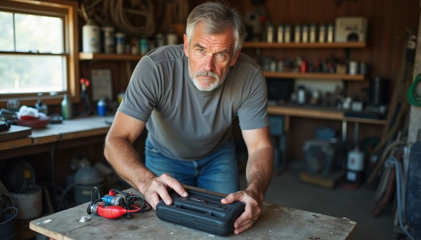 A man carefully inspects a corroded car battery in his garage.